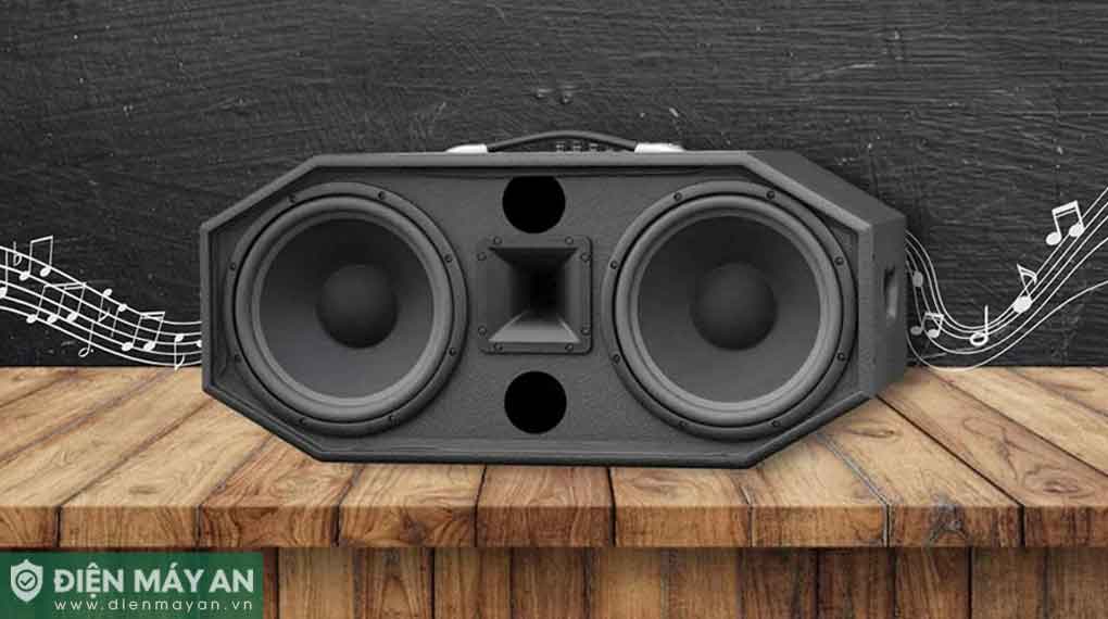 Loa karaoke thùng gỗ màu đen đặt trên bàn gỗ, hai bass lớn cho âm thanh mạnh mẽ